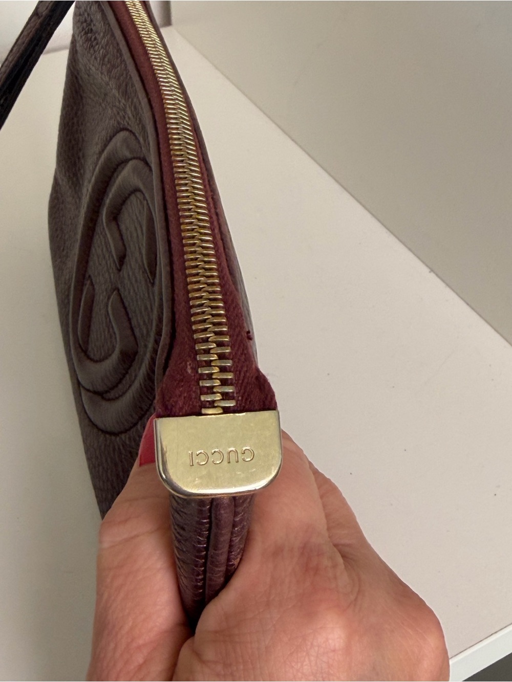 Gucci Soho Metallic Leather Wristlet Clutch Burgundy - Picture 3 of 10